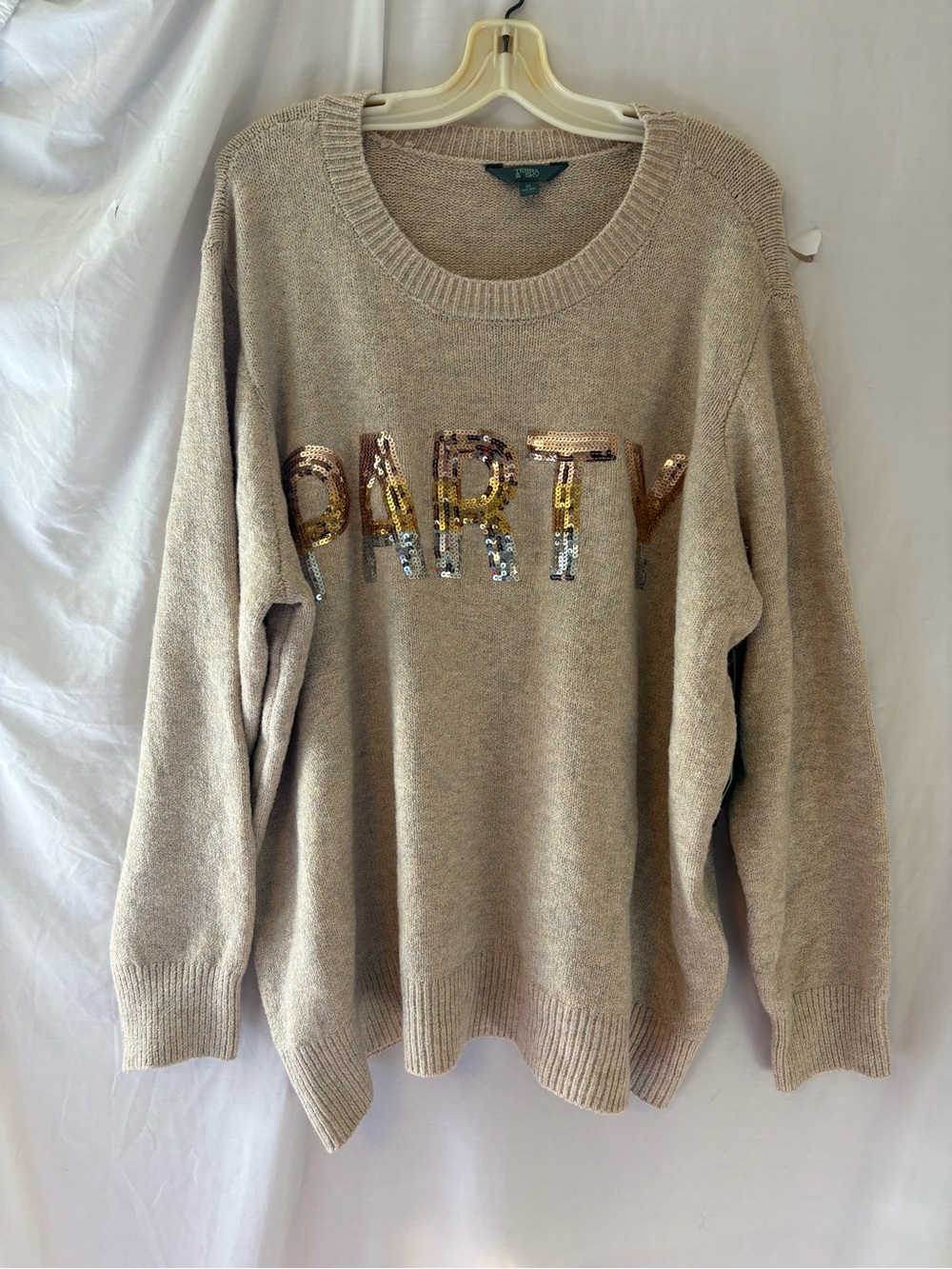 Terra & Sky Beige Crewneck Sweater with Gold & Silver Sequin 'PARTY'